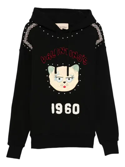 Valentino Crystal-embellished Hooded Sweater With Embroidered Logo In Black