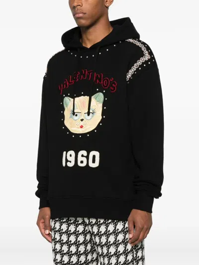 Valentino Crystal-embellished Hooded Sweater With Embroidered Logo In Black