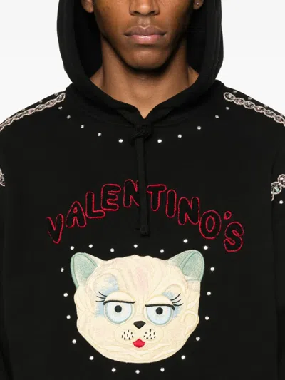 Valentino Crystal-embellished Hooded Sweater With Embroidered Logo In Black