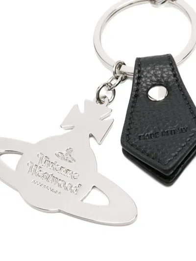 Vivienne Westwood Orb-plaque Leather Keyring In Metallic