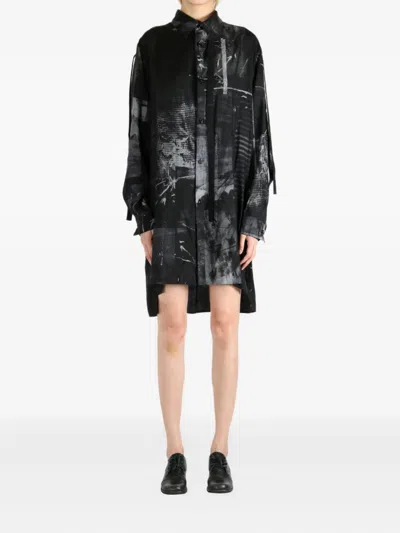 Y's Abstract-print Shirt Mini Dress In Black