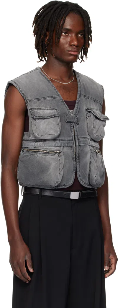 Lu'u Dan Gray Wadded Denim Cargo Vest In Gray