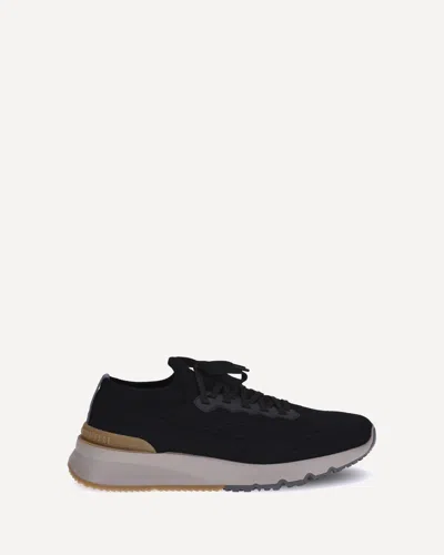 Brunello Cucinelli Leather-trimmed Stretch-knit Sneakers In Blue