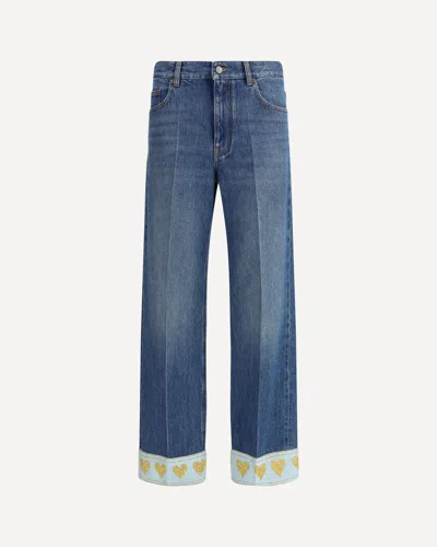 Valentino Heart Court Straight Jeans With Embroidered Hem