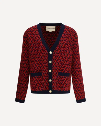 Valentino Garavani Patterned-intarsia Wool Cardigan In Red
