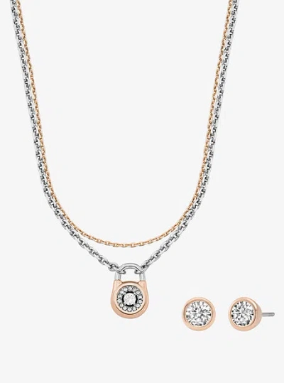 Michael Kors Pavé Two-tone Lock Necklace And Stud Earrings Jewelry Gift Set