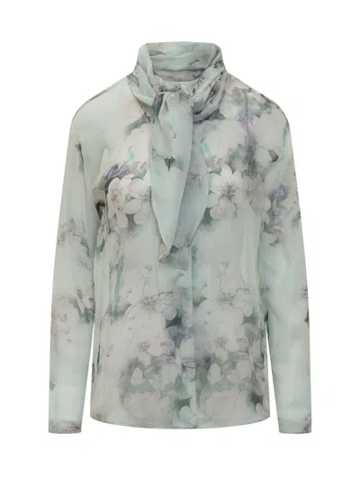Alberta Ferretti Floral Print Chiffon Blouse With Knot Tie In Blue