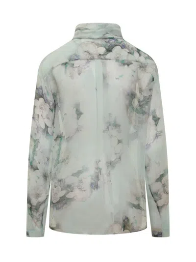 Alberta Ferretti Floral Print Chiffon Blouse With Knot Tie In Blue