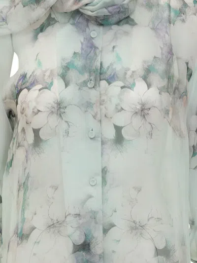 Alberta Ferretti Floral Print Chiffon Blouse With Knot Tie In Blue