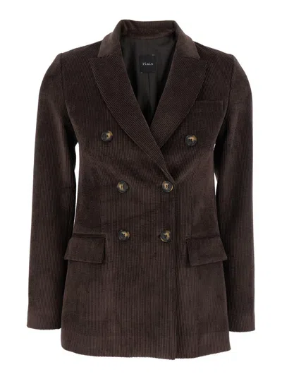 Plain Double Breasted Blazer Ribbed Velvet In Brown