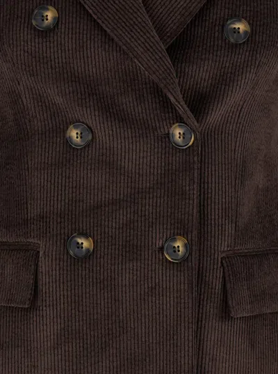 Plain Double Breasted Blazer Ribbed Velvet In Brown