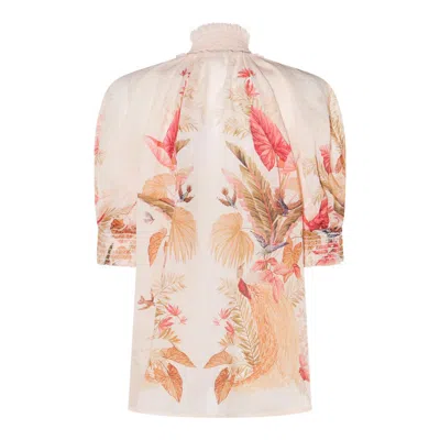 Zimmermann Ascension Embellished Shirred Floral-print Ramie Blouse