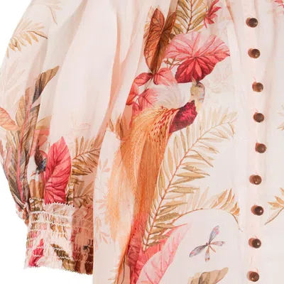 Zimmermann Ascension Embellished Shirred Floral-print Ramie Blouse