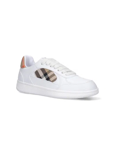 Burberry Men Low-top Leather Sneakers With Check Inserts In White