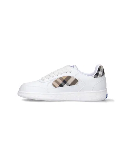 Burberry Men Low-top Leather Sneakers With Check Inserts In White