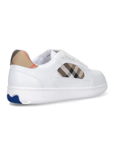 Burberry Men Low-top Leather Sneakers With Check Inserts In White