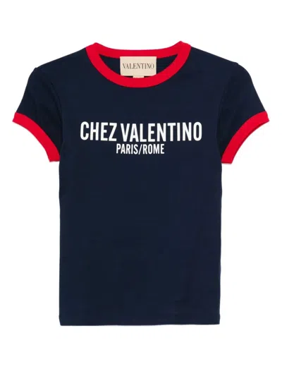 Valentino Crew Neck Cotton T-shirt With Contrast Trim In Blue