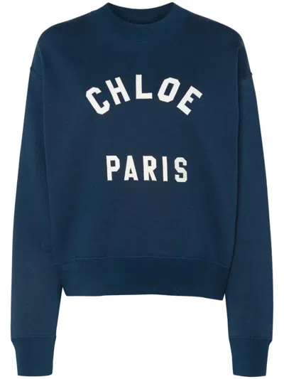 Chloé Blue Crewneck Sweatshirt With Logo Lettering Print In Cotton Woman