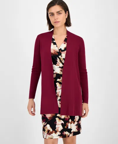 Anne Klein Open Front Rib Cardigan In Burgundy
