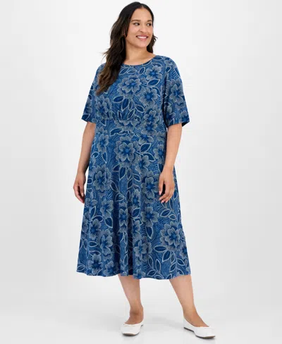 London Times Plus Size Short-sleeve Printed Fit & Flare Midi Dress In Blue
