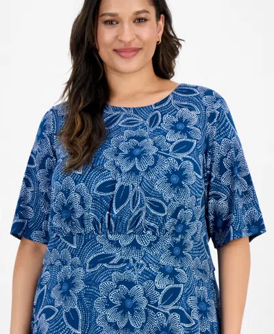London Times Plus Size Short-sleeve Printed Fit & Flare Midi Dress In Blue