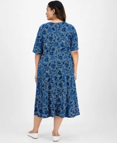 London Times Plus Size Short-sleeve Printed Fit & Flare Midi Dress In Blue