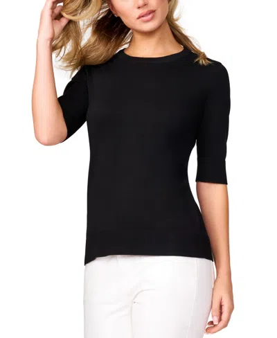 Melissa Paige Petite Crew-neck Elbow-sleeve Fine-gauge Sweater In Black