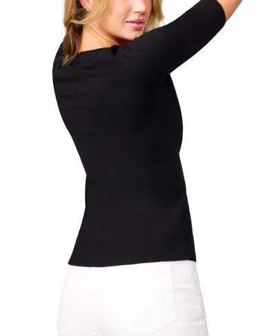 Melissa Paige Petite Crew-neck Elbow-sleeve Fine-gauge Sweater In Black