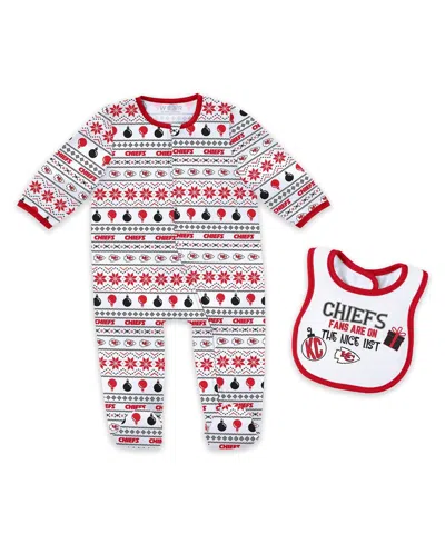 Wear By Erin Andrews Baby Boys And Girls Kansas City Chiefs Allover Print Full-zip Sleeper With Bib Set In White