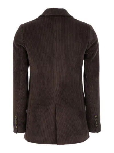 Plain Double Breasted Blazer Ribbed Velvet In Brown