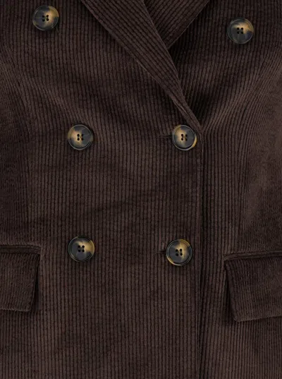 Plain Double Breasted Blazer Ribbed Velvet In Brown