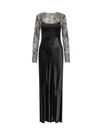 Alberta Ferretti Black Satin Long Dress In Black