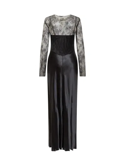 Alberta Ferretti Black Satin Long Dress In Black