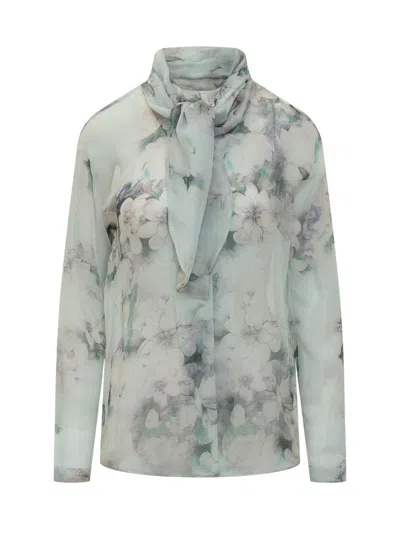 Alberta Ferretti Floral Print Chiffon Blouse With Knot Tie In Gray
