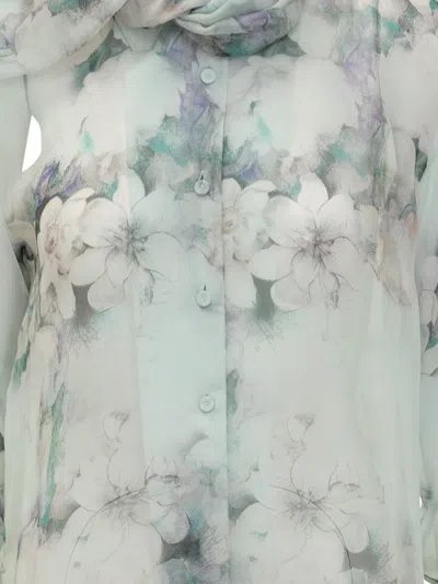 Alberta Ferretti Floral Print Chiffon Blouse With Knot Tie In Gray