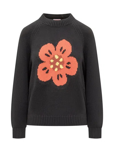 Kenzo Boke Flower Logo Sweater With Elastic Ribbed Trims In Black