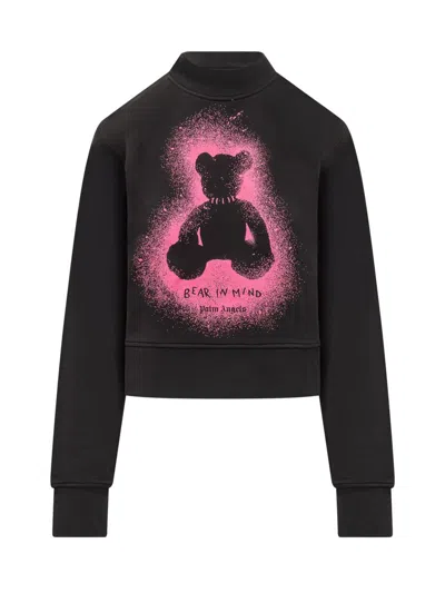 Palm Angels Cropped Black And Fuchsia Graphic Sweatshirt In Black