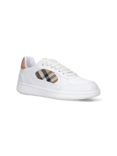 Burberry Men Low-top Leather Sneakers With Check Inserts In White