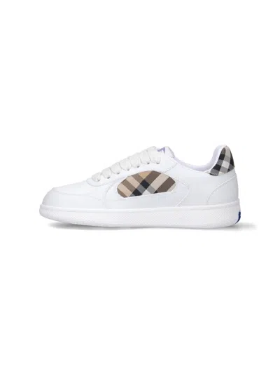 Burberry Men Low-top Leather Sneakers With Check Inserts In White