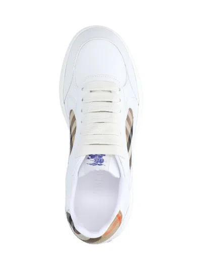 Burberry Men Low-top Leather Sneakers With Check Inserts In White