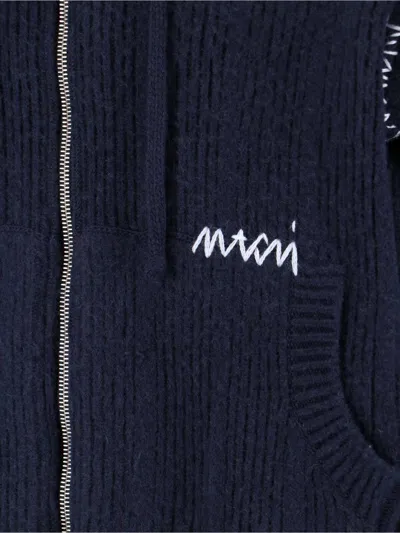 Marni Hooded Sweatshirt With Embroidered Detail And Ribbed Texture In Blue