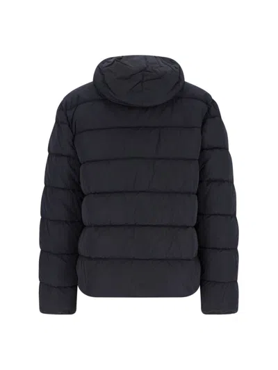C.p. Company Blue Down Jacket With Fixed Hood And Logo Plaque On The Sleeve In Tech Fabric Man