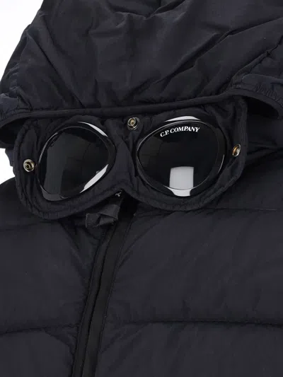 C.p. Company Blue Down Jacket With Fixed Hood And Logo Plaque On The Sleeve In Tech Fabric Man