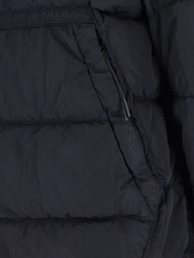 C.p. Company Blue Down Jacket With Fixed Hood And Logo Plaque On The Sleeve In Tech Fabric Man