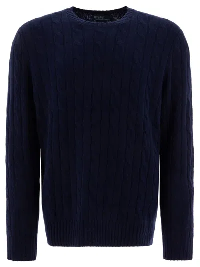Polo Ralph Lauren Long-sleeved Navy Pullover With Textured Design In Blue