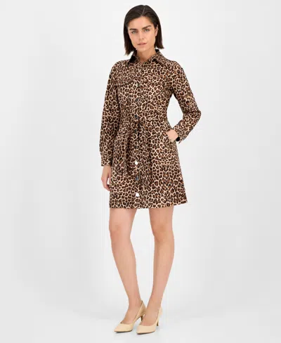 Anne Klein Tie Waist Shirtdress In Animal Print