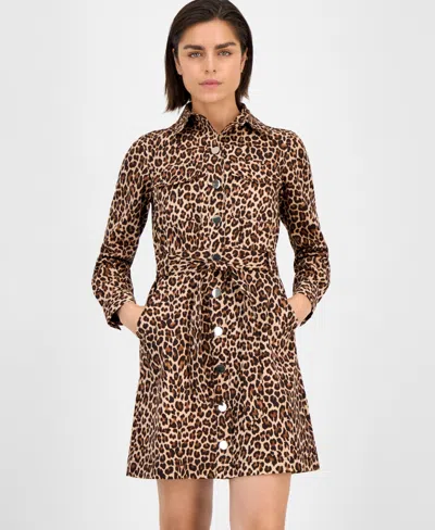 Anne Klein Tie Waist Shirtdress In Animal Print