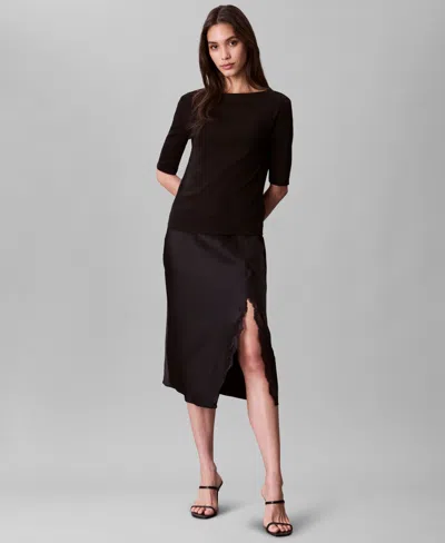 Calvin Klein Women's Lace-trim Satin Midi Skirt