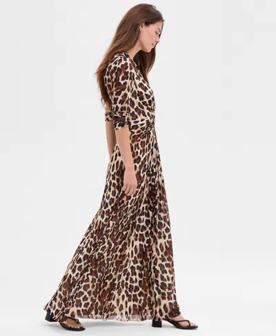 Anne Klein Plus Size Printed Mesh Long-sleeve Maxi Dress In Brown