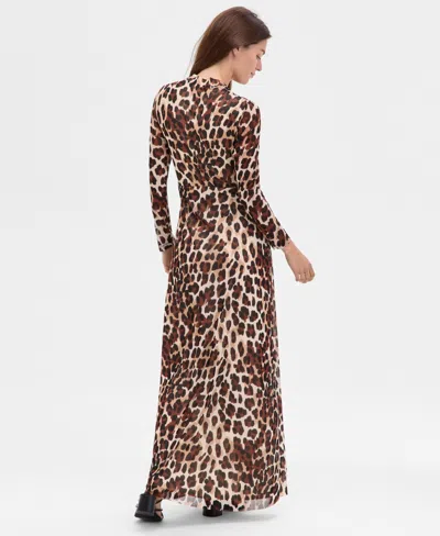 Anne Klein Plus Size Printed Mesh Long-sleeve Maxi Dress In Brown
